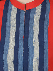 Blue & Red printed 3/4th sleeve long cotton kurta