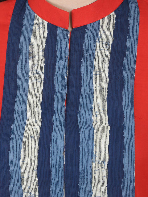 Blue & Red printed 3/4th sleeve long cotton kurta
