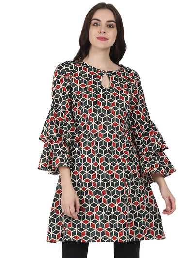 Green printed full sleeve cotton A-line Tunic with Flared sleeve
