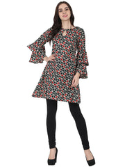 Green printed full sleeve cotton A-line Tunic with Flared sleeve
