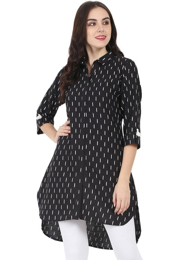 Black printed 3/4th sleeve cotton slub Low-High Kurta