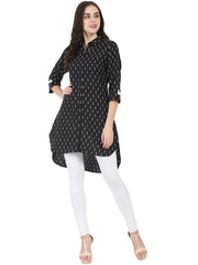 Black printed 3/4th sleeve cotton slub Low-High Kurta