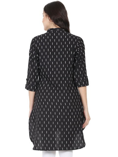 Black printed 3/4th sleeve cotton slub Low-High Kurta
