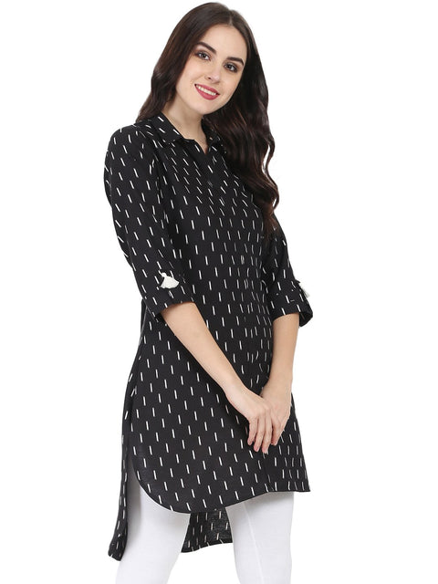 Black printed 3/4th sleeve cotton slub Low-High Kurta