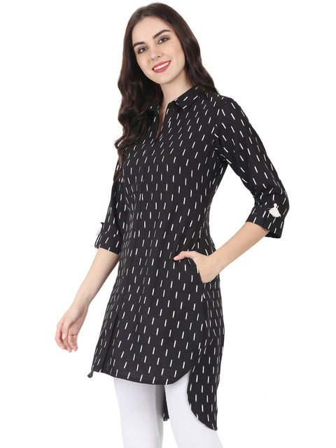 Black printed 3/4th sleeve cotton slub Low-High Kurta