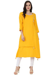 Yellow 3/4th sleeve cotton slub A-line kurta