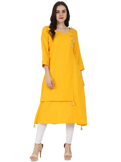 Yellow 3/4th sleeve cotton slub A-line kurta