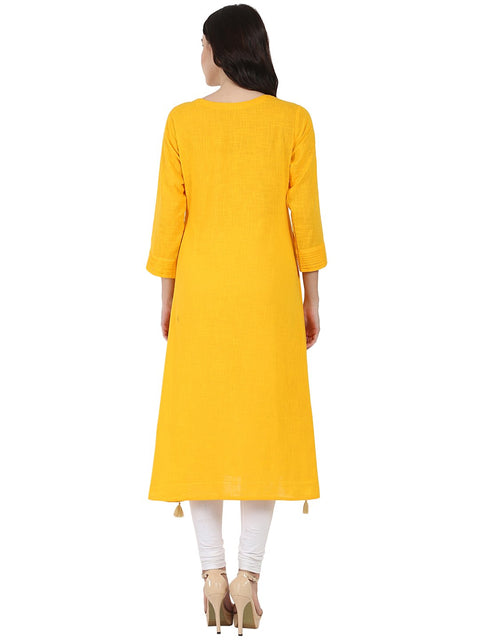 Yellow 3/4th sleeve cotton slub A-line kurta