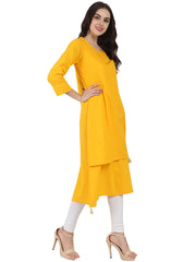 Yellow 3/4th sleeve cotton slub A-line kurta