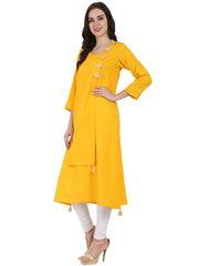 Yellow 3/4th sleeve cotton slub A-line kurta