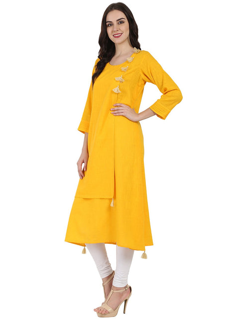 Yellow 3/4th sleeve cotton slub A-line kurta