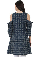 Blue printed short sleeve cotton kurta