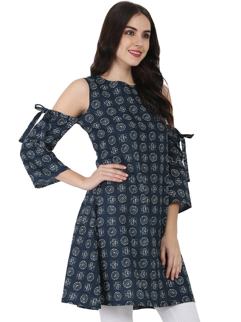 Blue printed short sleeve cotton kurta