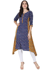 Blue & Yellow printed 3/4th sleeve cotton A-line kurta