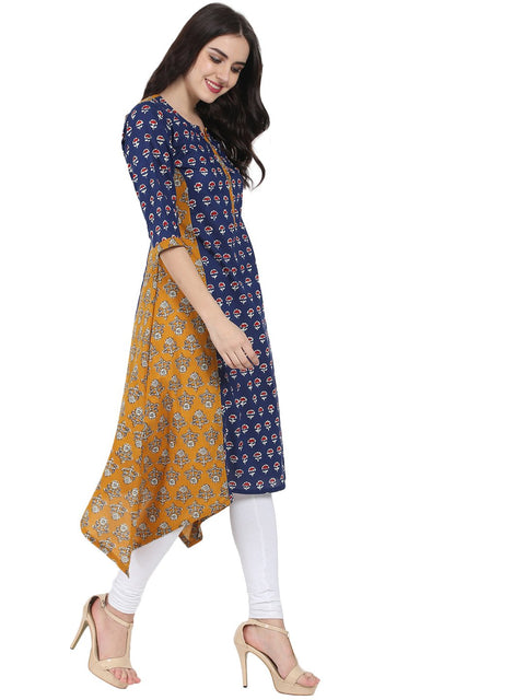 Blue & Yellow printed 3/4th sleeve cotton A-line kurta