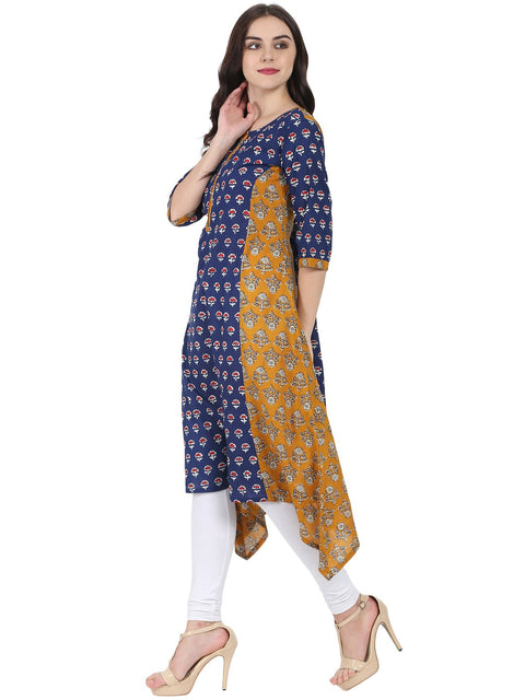 Blue & Yellow printed 3/4th sleeve cotton A-line kurta