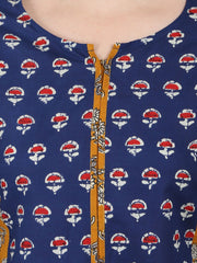 Blue & Yellow printed 3/4th sleeve cotton A-line kurta