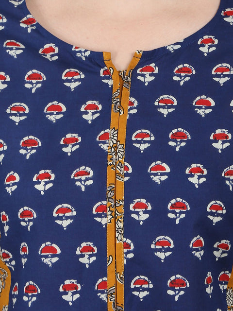 Blue & Yellow printed 3/4th sleeve cotton A-line kurta