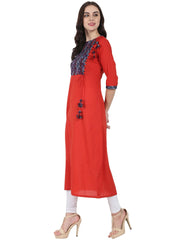 Red 3/4th sleeve cotton A-line kurta with Dori & Latkan work at yoke