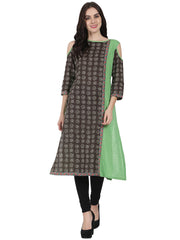 Green printed 3/4th sleeve cotton A-line kurta