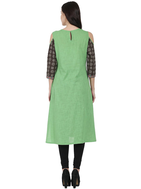 Green printed 3/4th sleeve cotton A-line kurta