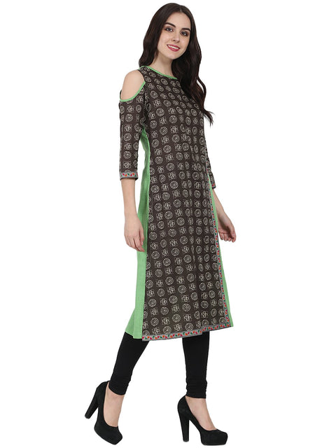 Green printed 3/4th sleeve cotton A-line kurta