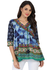 Blue printed 3/4th sleeve cotton Angrakha style tunic with latkan work at yoke