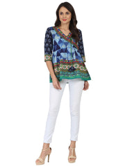 Blue printed 3/4th sleeve cotton Angrakha style tunic with latkan work at yoke