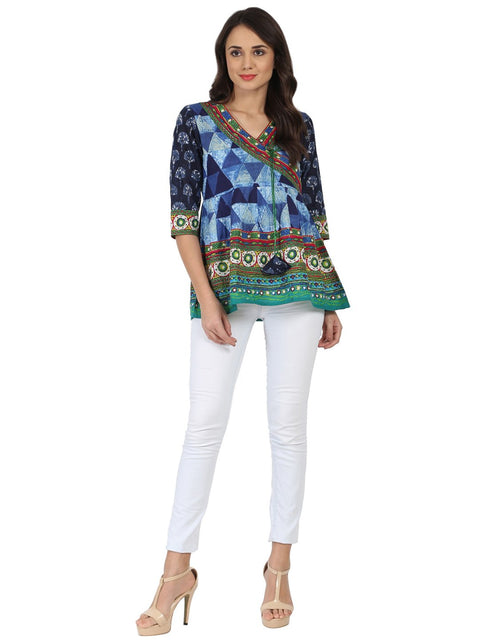 Blue printed 3/4th sleeve cotton Angrakha style tunic with latkan work at yoke