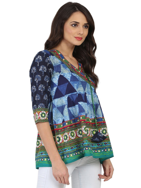 Blue printed 3/4th sleeve cotton Angrakha style tunic with latkan work at yoke
