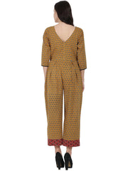 Yellow printed 3/4th sleeve cotton Jumpsuit with double pocket & dori work at yoke