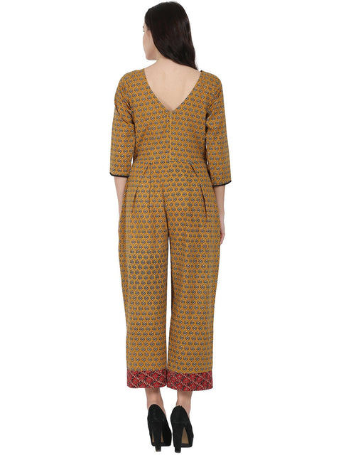 Yellow printed 3/4th sleeve cotton Jumpsuit with double pocket & dori work at yoke