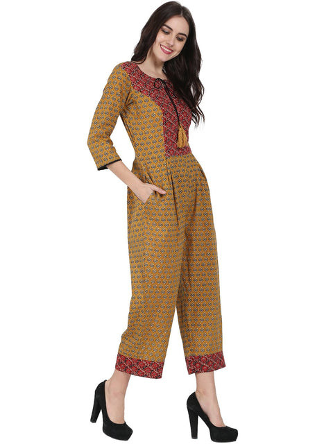 Yellow printed 3/4th sleeve cotton Jumpsuit with double pocket & dori work at yoke