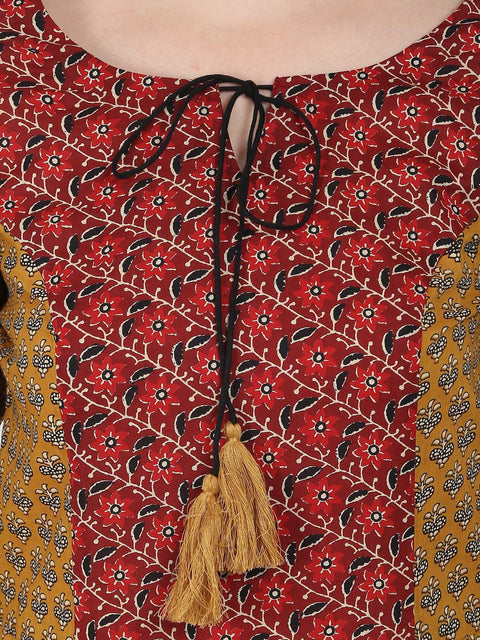 Yellow printed 3/4th sleeve cotton Jumpsuit with double pocket & dori work at yoke