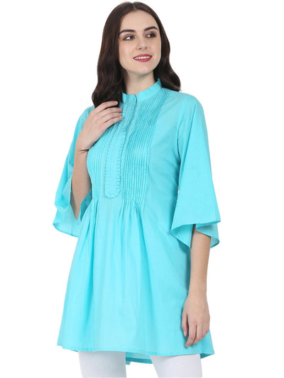 Blue 3/4th flared sleeve cotton A-line Tunic with pleat work at yoke