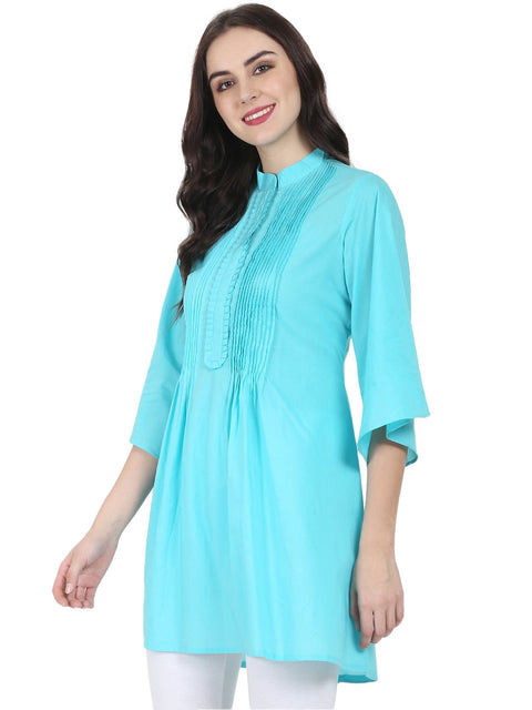 Blue 3/4th flared sleeve cotton A-line Tunic with pleat work at yoke