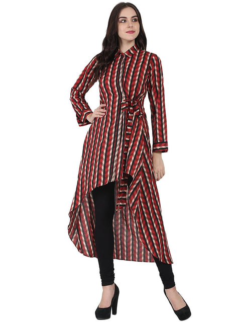 Red printed full sleeve cotton low high kurta