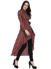 Red printed full sleeve cotton low high kurta