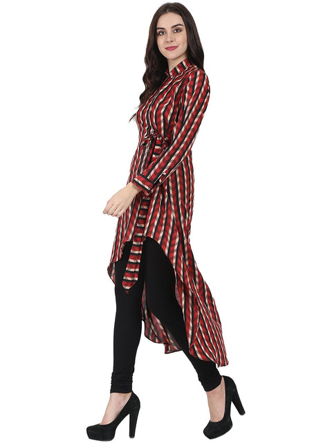 Red printed full sleeve cotton low high kurta