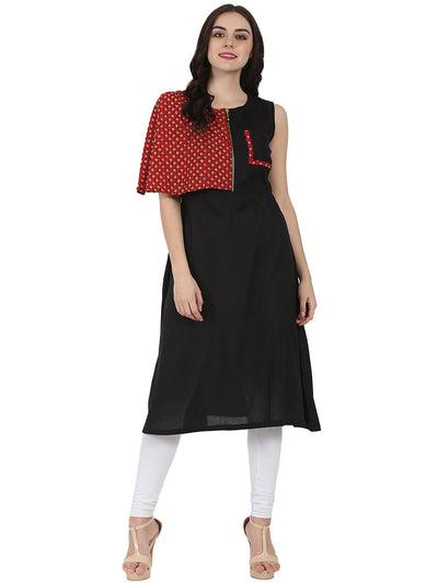 Black printed sleeveless Cotton A-line kurta