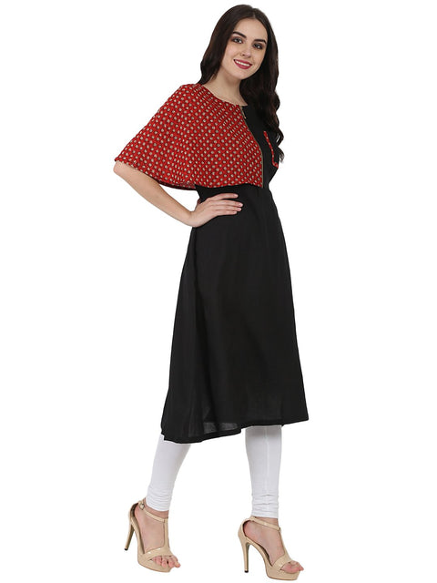 Black printed sleeveless Cotton A-line kurta