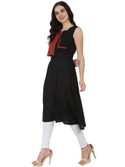 Black printed sleeveless Cotton A-line kurta