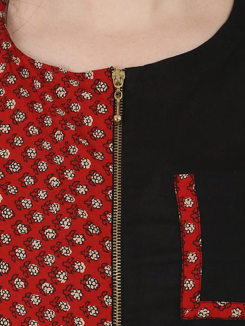 Black printed sleeveless Cotton A-line kurta