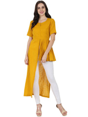 Mustard half sleeve cotton slub assymetric kurta