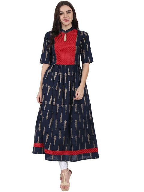 Navy Blue printed half sleeve cotton floor length anarkali kurta
