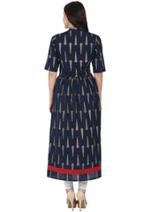 Navy Blue printed half sleeve cotton floor length anarkali kurta
