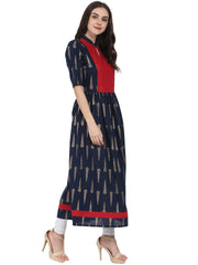 Navy Blue printed half sleeve cotton floor length anarkali kurta