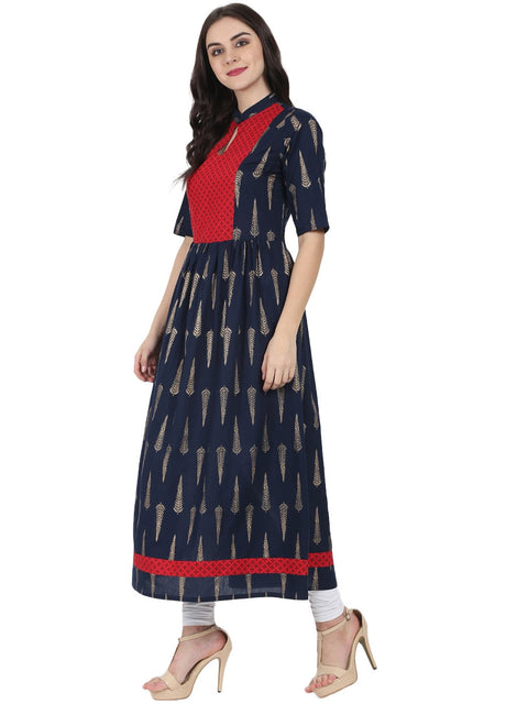 Navy Blue printed half sleeve cotton floor length anarkali kurta