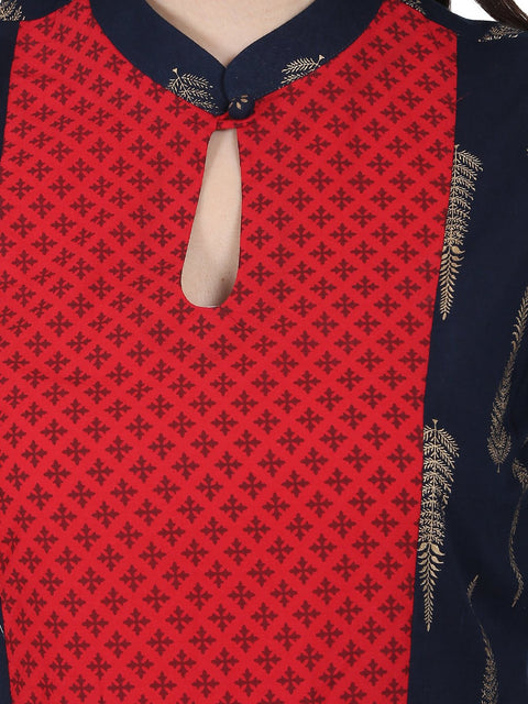 Navy Blue printed half sleeve cotton floor length anarkali kurta