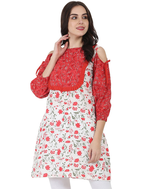 White & red printed 3/4th sleeve cotton Cold shoulder Tunic